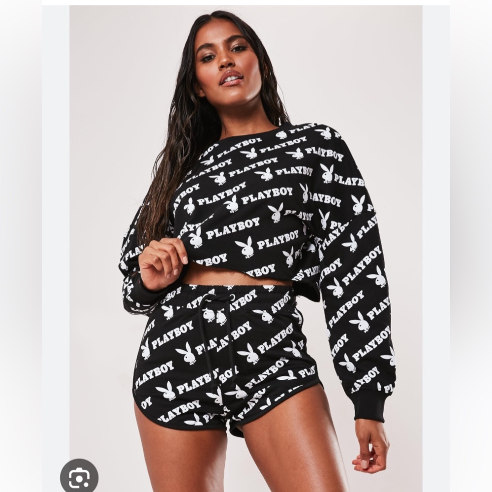 Missguided playboy black white repeat logo all over crop top sweatshirt